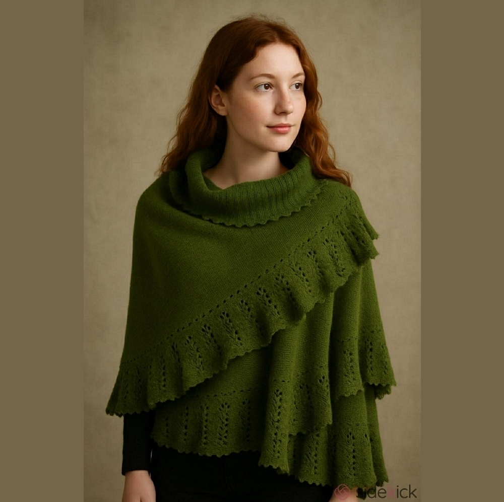 Handmade Cape Crocheted 100% Wool Green Poncho Wrap One Size